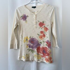 Women's Vintage LRL Lauren Jeans CO. 100%
Cotton Watercolour Floral Henley Shirt